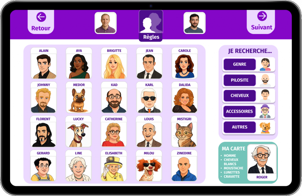 Ecran jeu Gena-App "Germaine ou Hugo". 20 portraits de personnages célèbres ou de famille sont à deviner.