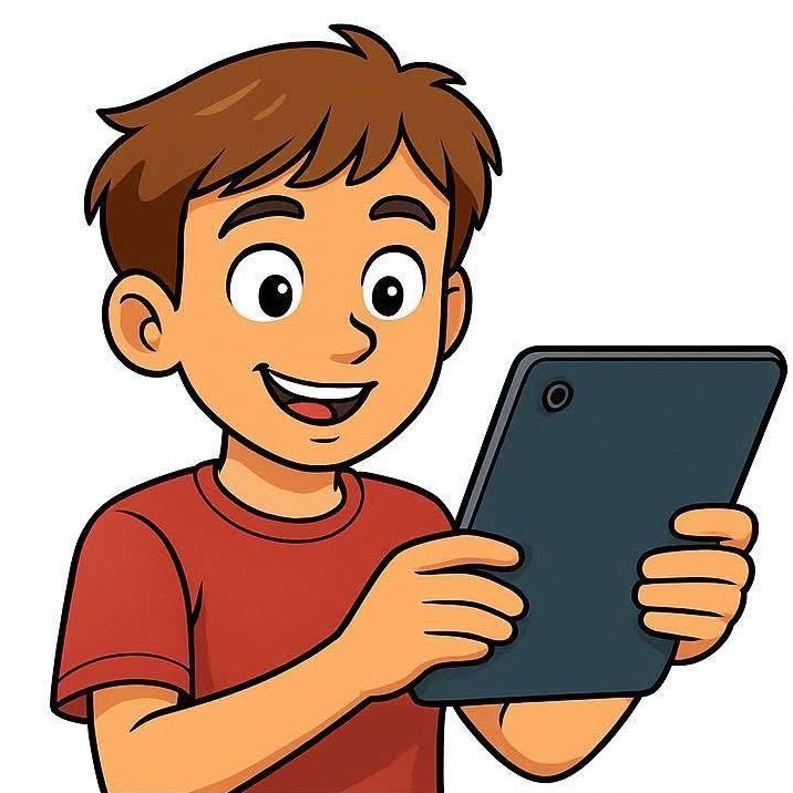 Caricature de Giovanni, 10 ans, jouant à Gena-App sur une tablette