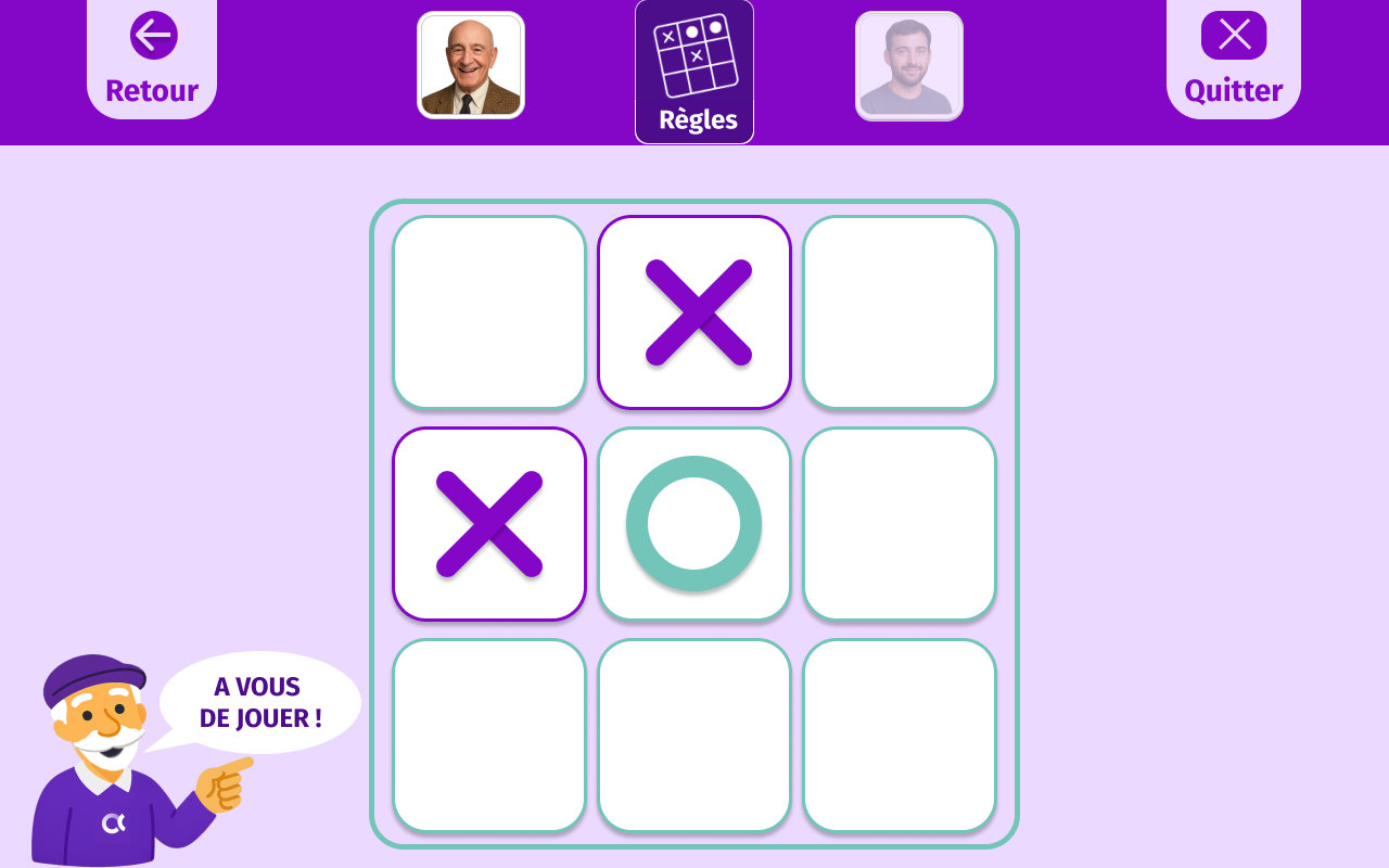 Ecran jeu "3 à la suite" de Gena-App. Jeu de logique et stratégie, connu aussi sous le nom de morpion ou tic tac toe, l'objectif est d'aligner 3 croix ou 3 ronds avant son adversaire