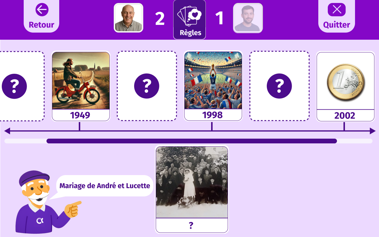 Écran du jeu intergénérationnel « À nos souvenirs » (Gena-App) : frise chronologique, cartes 1949-1998-2002, photo « Mariage d’André et Lucette » à positionner sur la frise