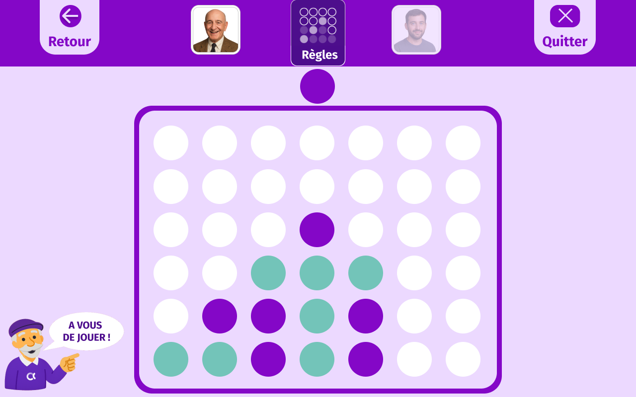 Ecran jeu "4 alignés, c'est gagné" de Gena-App. Jeu de logique et stratégie, l'objectif est d'aligner 4 pions avant son adversaire