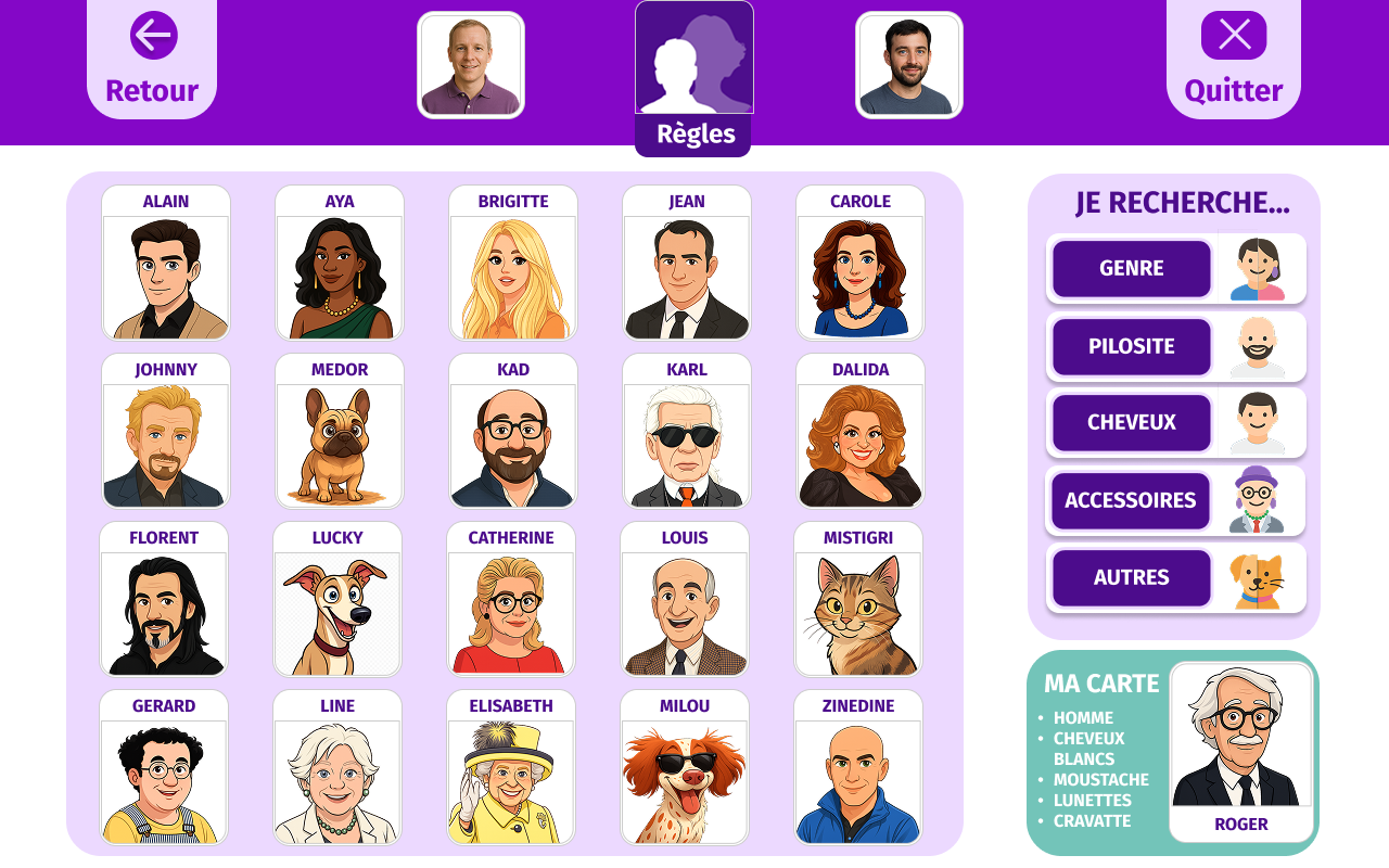 Ecran du jeu "Germaine ou Hugo" de Gena-App. 20 portraits sont alignés. L'objectif est de découvrir le portrait mystère. Ce jeu fait travailler la logique et la mémoire.