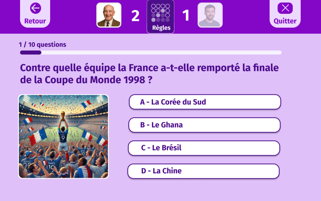 Écran du jeu intergénérationnel « Quiz : nos souvenirs » (Gena-App) : jeu de quiz - question: Contre quelle équipe la France a-t-elle remporté la finale de la Coupe du Monde 1998 ? 4 réponses au choix : La Corée du Sud, Le Ghana, Le Brésil, La Chine