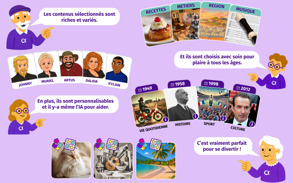 Ecran de Gena-App, application de jeux numériques intergénérationnelle. Présentation des contenus qui sont riches, variés et intergénérationnels