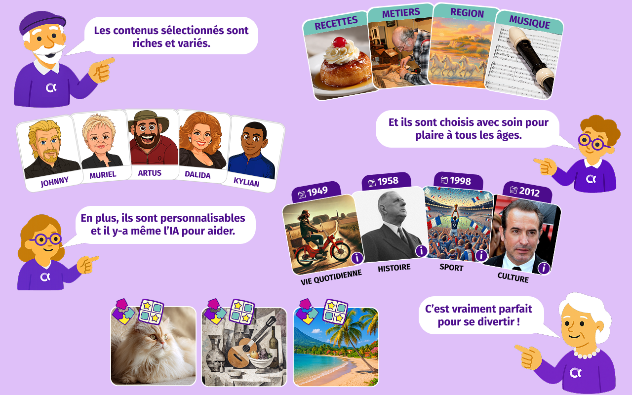 Ecran de Gena-App, application de jeux numériques intergénérationnelle. Présentation des contenus qui sont riches, variés et intergénérationnels