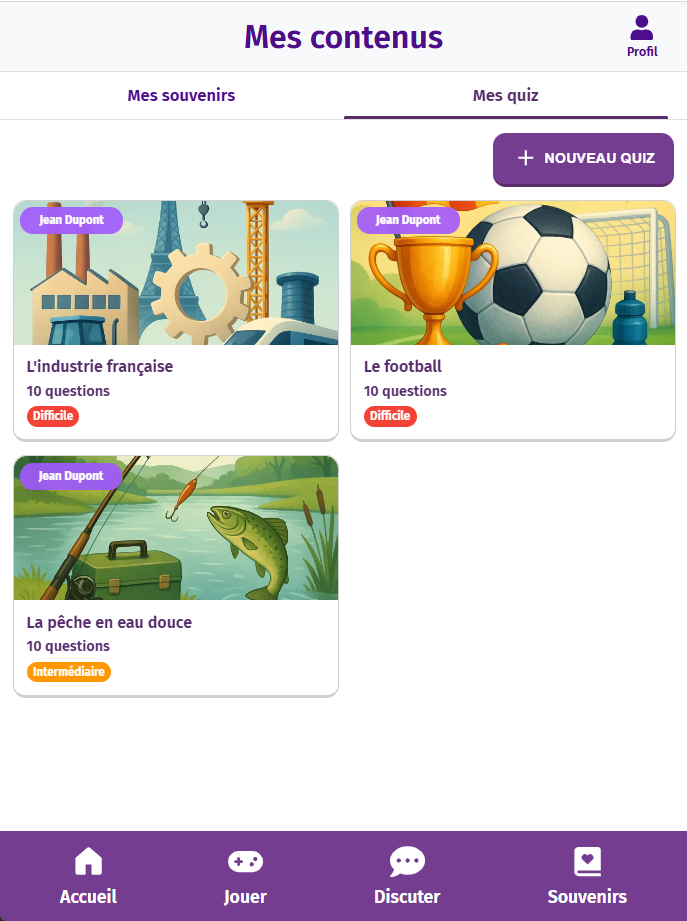 Page "quiz" générés par IA de l'application intergénérationnel Gena-App