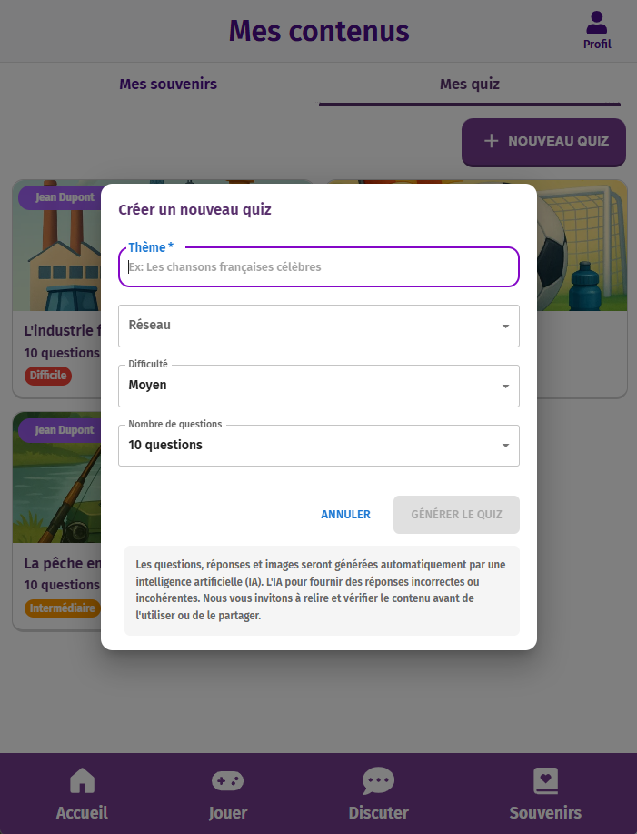 Page du formulaire de création de "quiz" générés par IA de l'application intergénérationnel Gena-App
