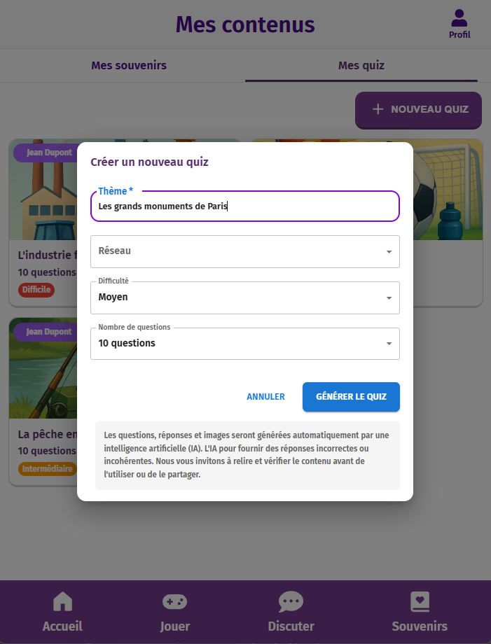 Page du formulaire de création de "quiz" générés par IA de l'application intergénérationnel Gena-App. Complété par l'utilisateur