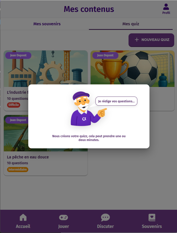 Page du formulaire de création de "quiz" générés par IA de l'application intergénérationnel Gena-App. Pop-up indiquant que le travail de génération est en cours