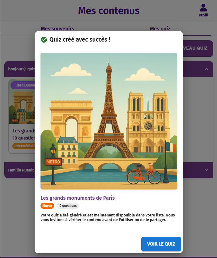 Page du formulaire de création de "quiz" générés par IA de l'application intergénérationnel Gena-App. Pop-up indiquant que le quiz a été créé avec succès