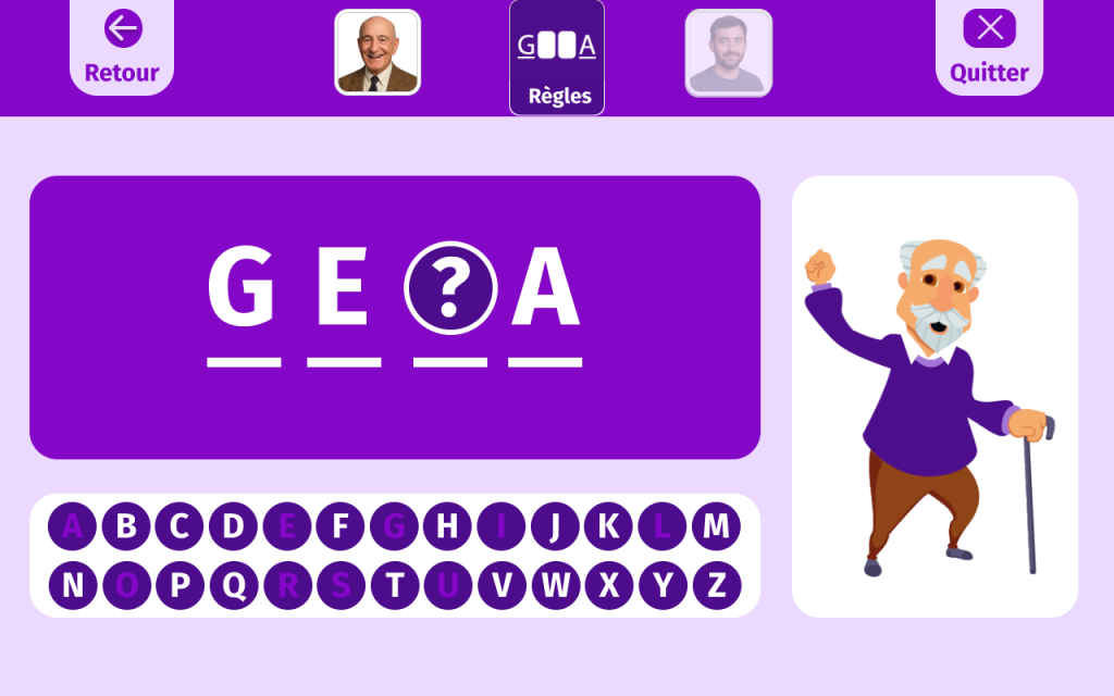 Jeu "La casquette de papy" de Gena-App. "La casquette de papy" est un jeu de devinettes où un joueur doit deviner un mot en proposant des lettres, tout en évitant de compléter le dessin d'un papy portant une casquette.