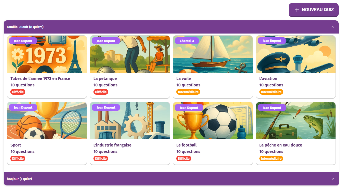 Listes de quiz générés par IA de l'application intergénérationnelle Gena-App