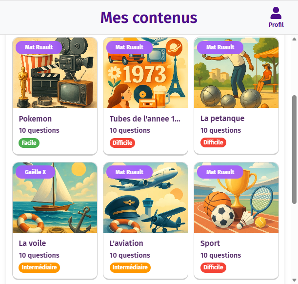 Listes de quiz générés par IA de l'application intergénérationnelle Gena-App