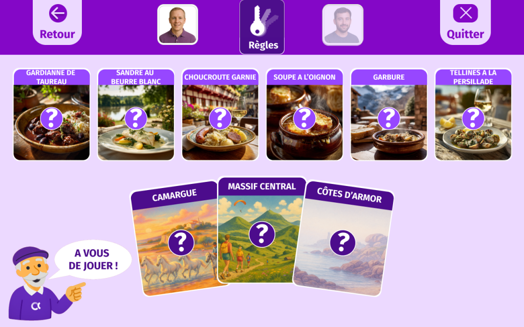 Ecran jeu "mot-clé" de Gena-App. Jeu de logique qui se joue à deux, l'objectif est de faire deviner à son partenaire 2 cartes parmi 6 cartes grâce à une carte indice qu'il aura soigneusement sélectionné parmi 3 cartes indices possibles