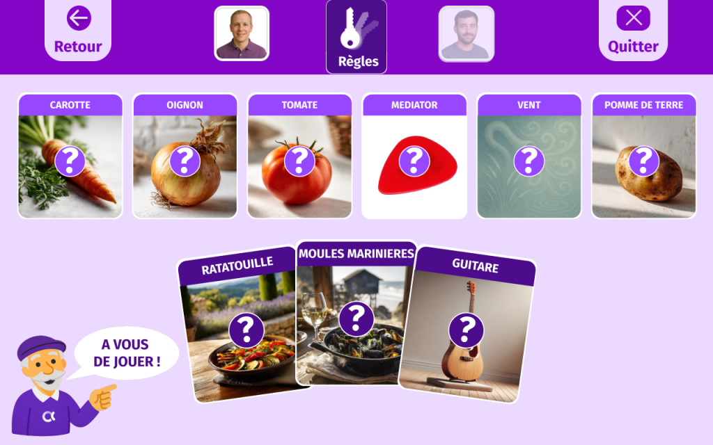 Ecran jeu "mot-clé" de Gena-App. Jeu de logique qui se joue à deux, l'objectif est de faire deviner à son partenaire 2 cartes parmi 6 cartes grâce à une carte indice qu'il aura soigneusement sélectionné parmi 3 cartes indices possibles