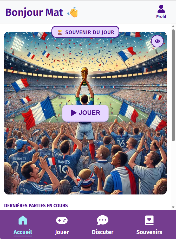 Elément Souvenir du jeu intergénérationnel « Souvenir du jour » (Gena-App) : image du souvenir, qui représente la victoire de l'équipe de France à la Coupe du monde de foot 1998