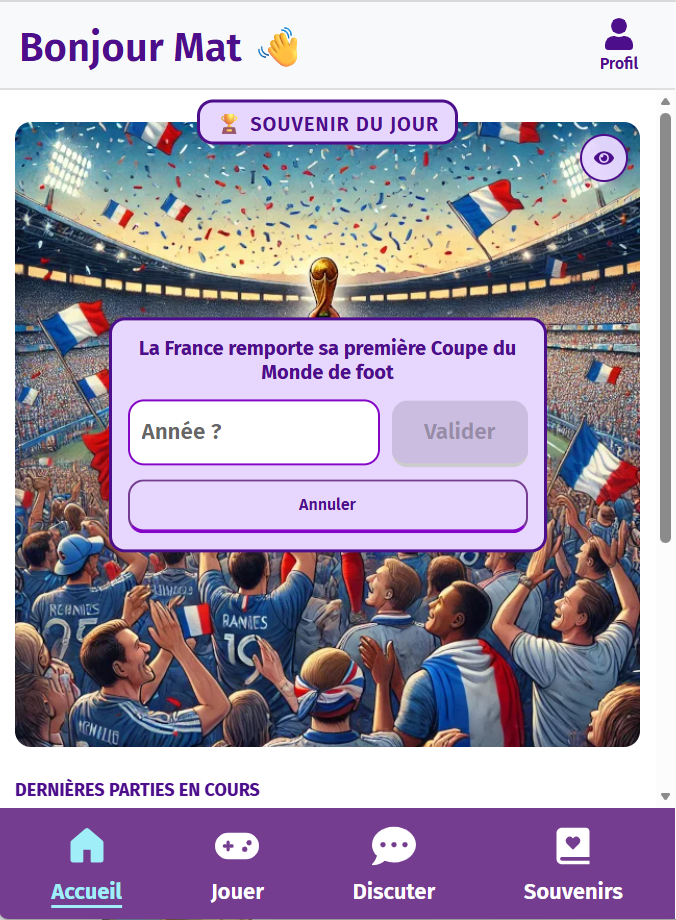 Jeu intergénérationnel « Souvenir du jour » (Gena-App) : image du souvenir, qui représente la victoire de l'équipe de France à la Coupe du monde de foot 1998. Etape 2- Répondre quelle est l'année de l'évènement