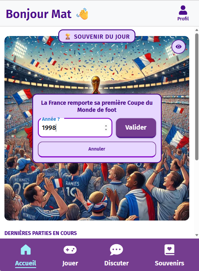 Elément Souvenir du jeu intergénérationnel « Souvenir du jour » (Gena-App) : image du souvenir, qui représente la victoire de l'équipe de France à la Coupe du monde de foot 1998. Etape 3- Le joueur renseigne l'année de l'évènement