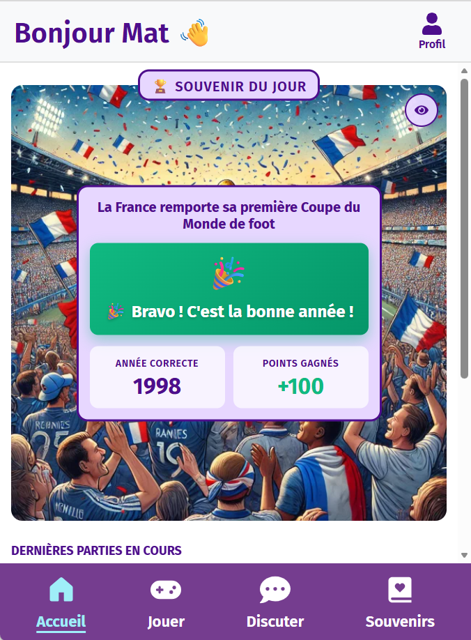 Elément Souvenir du jeu intergénérationnel « Souvenir du jour » (Gena-App) : image du souvenir, qui représente la victoire de l'équipe de France à la Coupe du monde de foot 1998. Etape 4- L'application affiche la bonne réponse et crédite le score au joueur