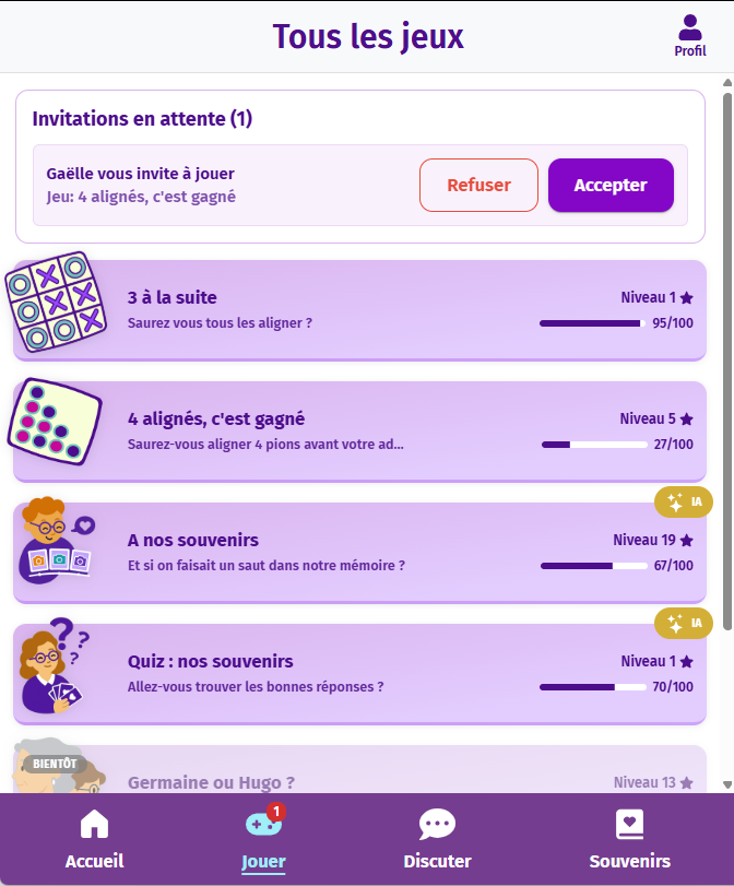 Ecran "tous les jeux" de Gena-App, application de jeux numériques intergénérationnelle