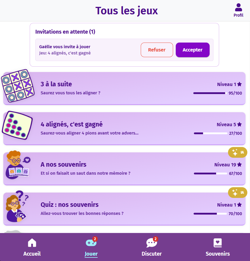 Ecran "tous les jeux" de Gena-App, application de jeux numériques intergénérationnelle