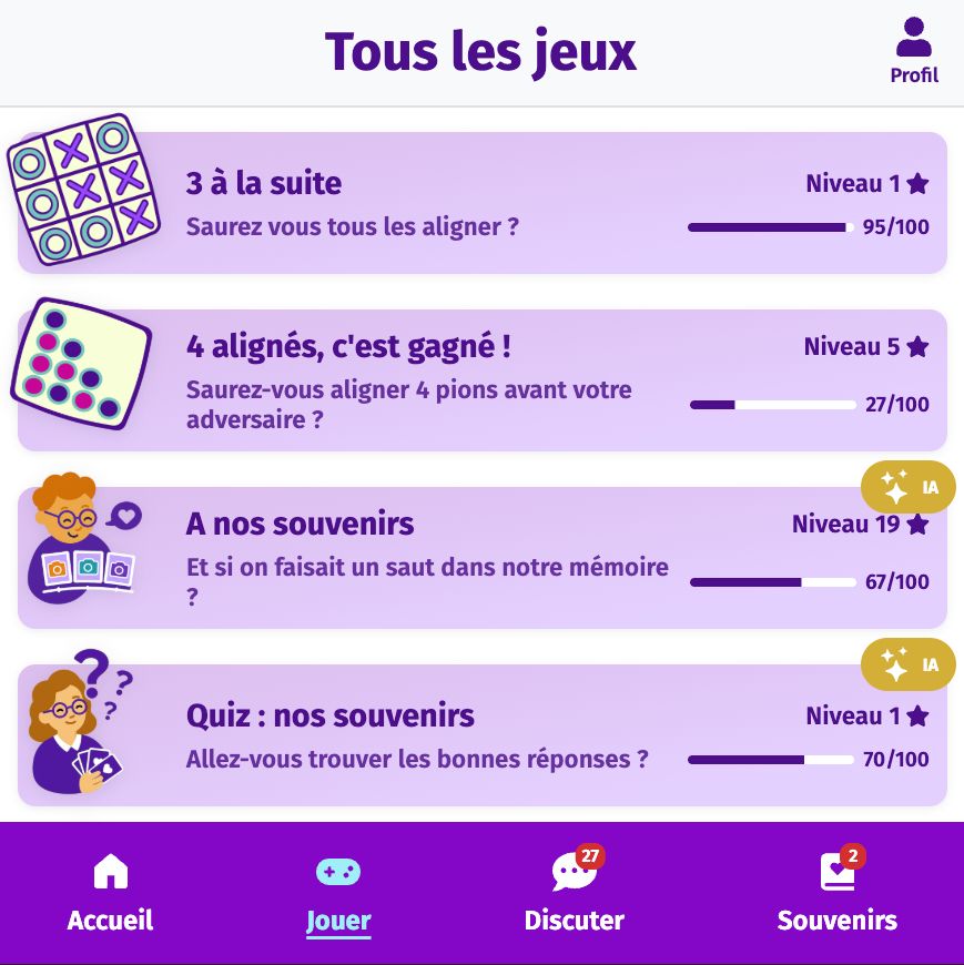 Ecran "tous les jeux" de Gena-App, application de jeux numériques intergénérationnelle