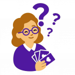 Picto du jeu intergénérationnel « Quiz : nos souvenirs » (Gena-App) : représentation d'une jeune fille mode cartoon avec 4 cartes de jeux en main