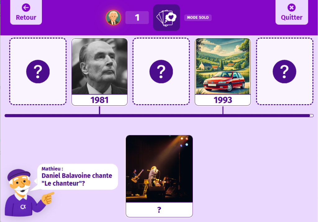 Ecran du jeu à nos souvenirs de l'application intergénérationnelle Gena-app.com