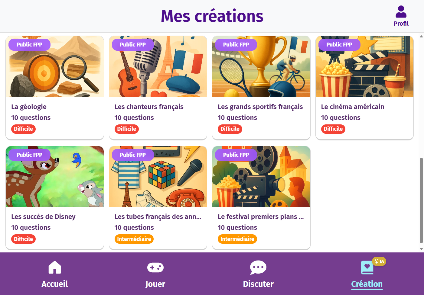Une sélection de quiz créé par IA avec l'application intergénérationnelle Gena-app.com