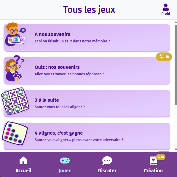 Ecran "tous les jeux" de Gena-App, application de jeux numériques intergénérationnelle