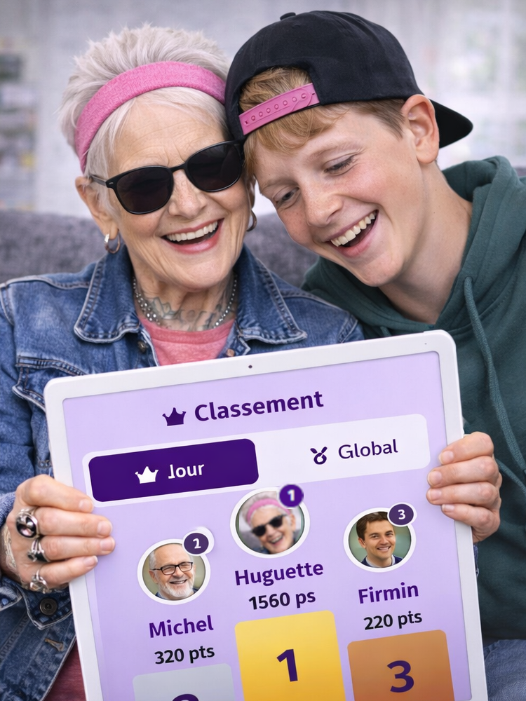 Huguette et Firmin devant le classement ou elle bat son petit-fils