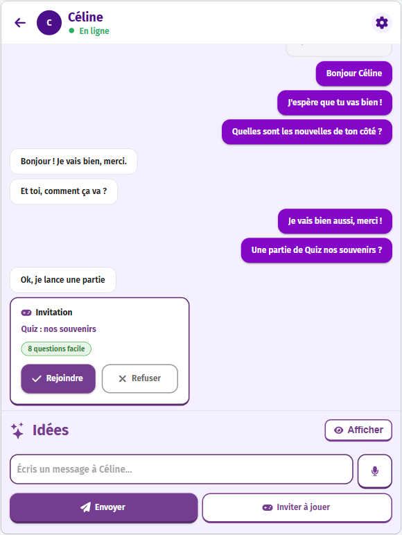 Ecran "messagerie" de Gena-App, application de jeux numériques intergénérationnelle