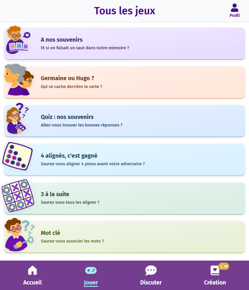 Ecran "tous les jeux" de Gena-App, application de jeux numériques intergénérationnelle