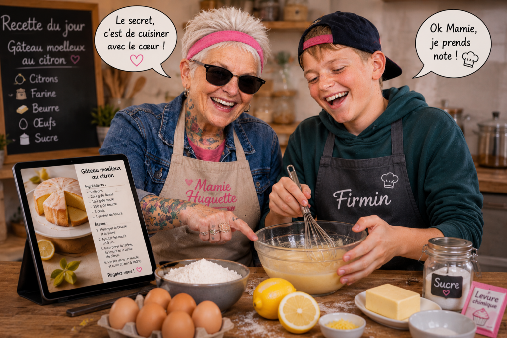 Mamie Huguette apprend et transmet sa recette du gateau moelleux au citron à Firmin